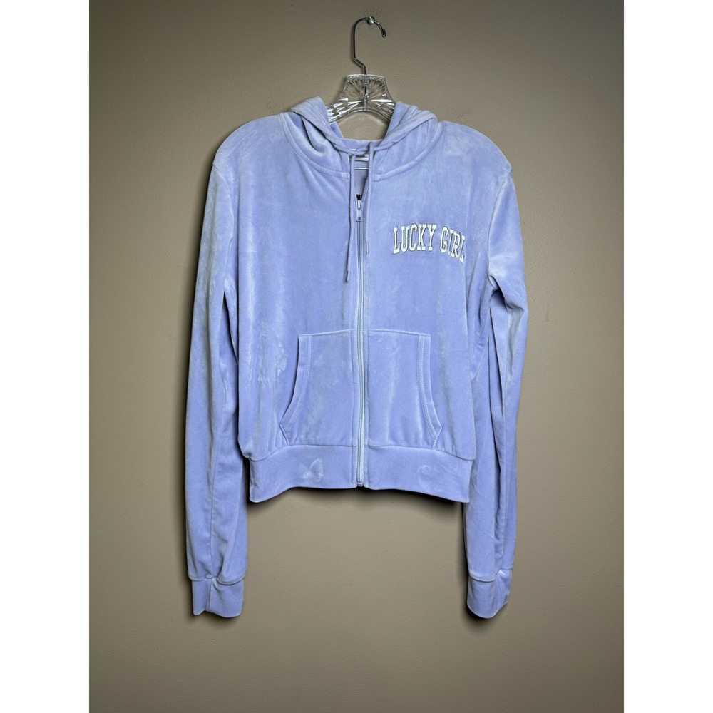 SWS Athletics Lucky Girl Velour Tracksuit Set Periwinkle Blue Hoodie Flare Pants